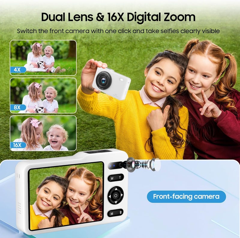TZZPL Digital Camera, 64MP Dual Lens Autofocus Point and Shoot Digital Camera, 16x Zoom Vlogging Camera with 2 Batteries, Portable Rechargeable Small Camera for Kids Teens (White) - Image 2